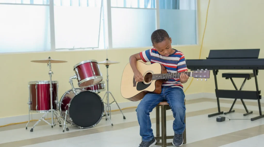 A learner playing the guitar in the music room