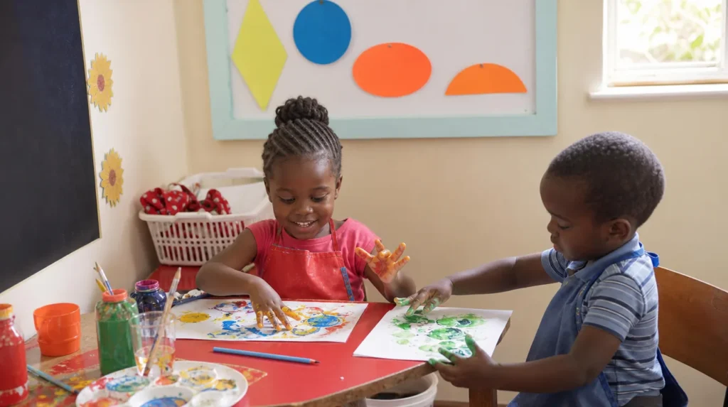 Young ones painting together in kindergarten