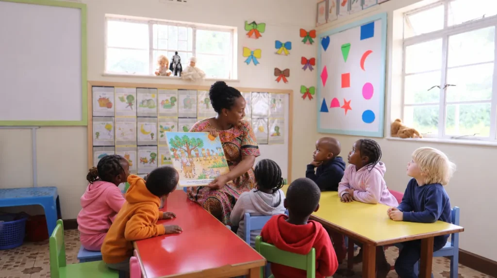 A kindergarten class gathered for a lesson