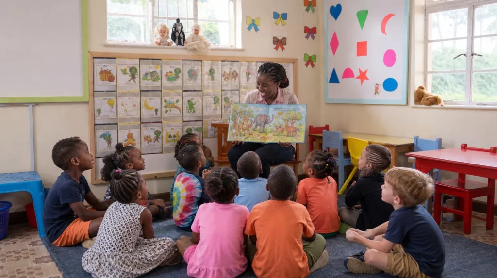 A teacher reading a story to kindergarten learners