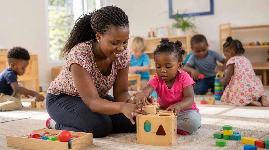 A teacher playing with young ones in the early years room