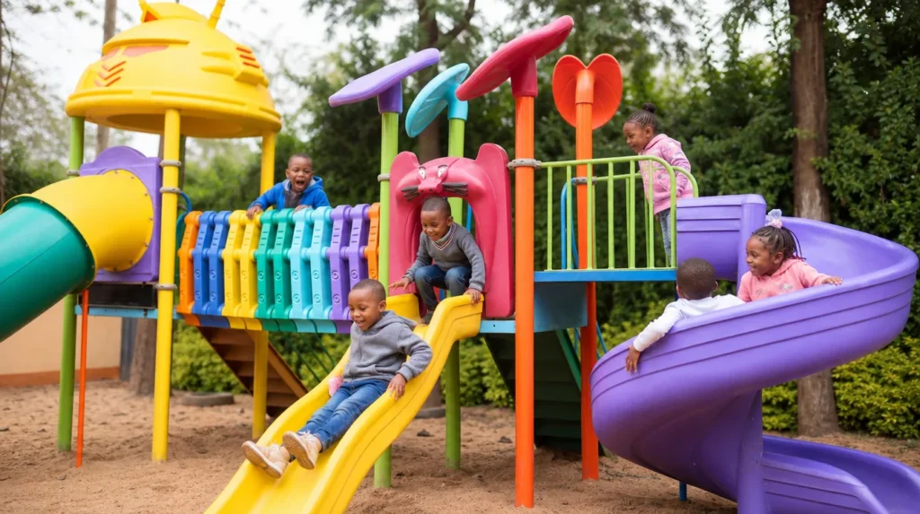 Learners playing on the climbing frame and slides