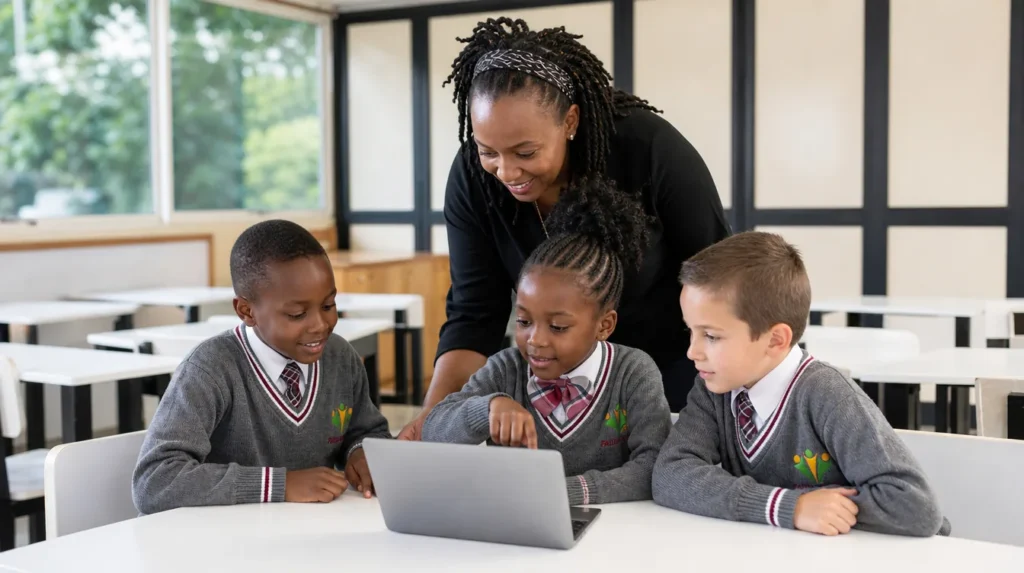 A teacher working with primary learners at laptops