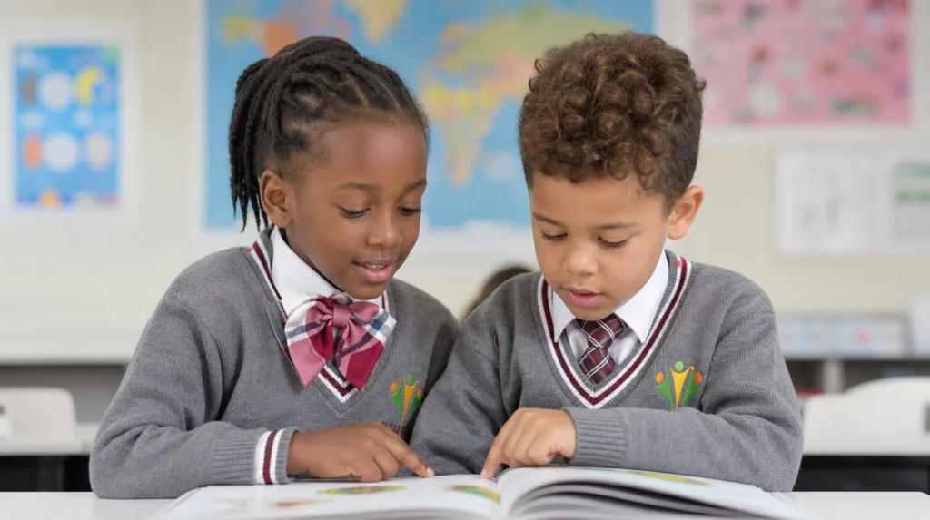 Two primary learners reading together in class