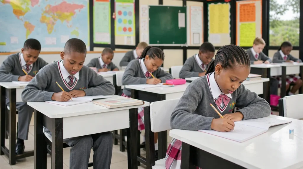 Faulu School primary learners writing at their desks