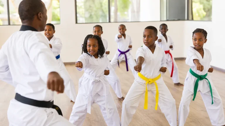 A tae-kwondo class in progress with belts of several grades