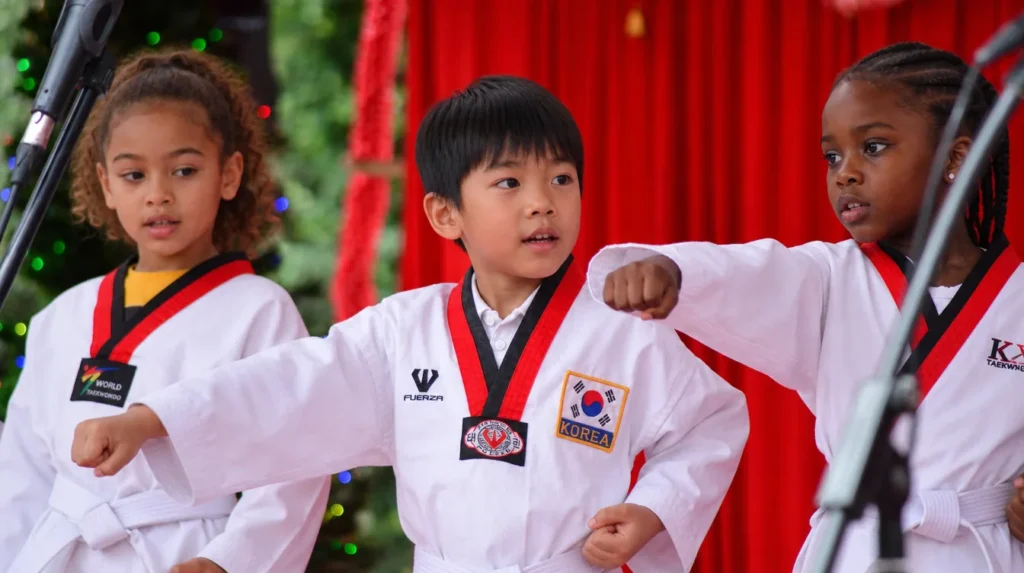 Young learners practising tae-kwondo